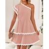 imageZESICA Womens 2025 Summer One Shoulder Dresses Ruffle Short Sleeve Tiered Layered Swing A Line Mini SundressPink