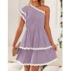imageZESICA Womens 2025 Summer One Shoulder Dresses Ruffle Short Sleeve Tiered Layered Swing A Line Mini SundressPurple