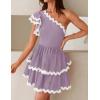 imageZESICA Womens 2025 Summer One Shoulder Dresses Ruffle Short Sleeve Tiered Layered Swing A Line Mini SundressPurple