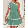 imageZESICA Womens 2025 Summer One Shoulder Dresses Ruffle Short Sleeve Tiered Layered Swing A Line Mini SundressTurquoise