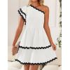 imageZESICA Womens 2025 Summer One Shoulder Dresses Ruffle Short Sleeve Tiered Layered Swing A Line Mini SundressWhite