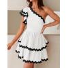 imageZESICA Womens 2025 Summer One Shoulder Dresses Ruffle Short Sleeve Tiered Layered Swing A Line Mini SundressWhite