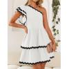 imageZESICA Womens 2025 Summer One Shoulder Dresses Ruffle Short Sleeve Tiered Layered Swing A Line Mini SundressWhite