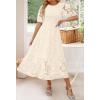 imageZESICA Womens 2025 Summer Short Puff Sleeve Crewneck Smocked Floral Lace Flowy A Line Tiered Maxi DressesBeige