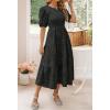 imageZESICA Womens 2025 Summer Short Puff Sleeve Crewneck Smocked Floral Lace Flowy A Line Tiered Maxi DressesBlack