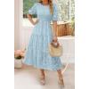 imageZESICA Womens 2025 Summer Short Puff Sleeve Crewneck Smocked Floral Lace Flowy A Line Tiered Maxi DressesBlue