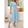 imageZESICA Womens 2025 Summer Short Puff Sleeve Crewneck Smocked Floral Lace Flowy A Line Tiered Maxi DressesBlue