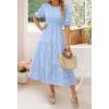 imageZESICA Womens 2025 Summer Short Puff Sleeve Crewneck Smocked Floral Lace Flowy A Line Tiered Maxi DressesLightblue