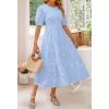 imageZESICA Womens 2025 Summer Short Puff Sleeve Crewneck Smocked Floral Lace Flowy A Line Tiered Maxi DressesLightblue