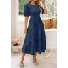 imageZESICA Womens 2025 Summer Short Puff Sleeve Crewneck Smocked Floral Lace Flowy A Line Tiered Maxi DressesNavy