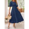 imageZESICA Womens 2025 Summer Short Puff Sleeve Crewneck Smocked Floral Lace Flowy A Line Tiered Maxi DressesNavy