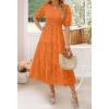 imageZESICA Womens 2025 Summer Short Puff Sleeve Crewneck Smocked Floral Lace Flowy A Line Tiered Maxi DressesOrange