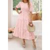 imageZESICA Womens 2025 Summer Short Puff Sleeve Crewneck Smocked Floral Lace Flowy A Line Tiered Maxi DressesPink