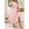 imageZESICA Womens 2025 Summer Short Puff Sleeve Crewneck Smocked Floral Lace Flowy A Line Tiered Maxi DressesPink
