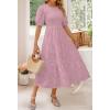 imageZESICA Womens 2025 Summer Short Puff Sleeve Crewneck Smocked Floral Lace Flowy A Line Tiered Maxi DressesPurple
