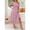 imageZESICA Womens 2025 Summer Short Puff Sleeve Crewneck Smocked Floral Lace Flowy A Line Tiered Maxi DressesPurple