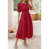 imageZESICA Womens 2025 Summer Short Puff Sleeve Crewneck Smocked Floral Lace Flowy A Line Tiered Maxi DressesRed