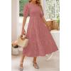 imageZESICA Womens 2025 Summer Short Puff Sleeve Crewneck Smocked Floral Lace Flowy A Line Tiered Maxi DressesTearose