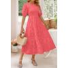 imageZESICA Womens 2025 Summer Short Puff Sleeve Crewneck Smocked Floral Lace Flowy A Line Tiered Maxi DressesWatermelon
