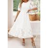 imageZESICA Womens 2025 Summer Short Puff Sleeve Crewneck Smocked Floral Lace Flowy A Line Tiered Maxi DressesWhite