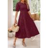 imageZESICA Womens 2025 Summer Short Puff Sleeve Crewneck Smocked Floral Lace Flowy A Line Tiered Maxi DressesWine