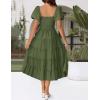 imageZESICA Womens 2025 Summer Square Neck Short Puff Sleeve Solid Color High Waist Casual Smocked Flowy A Line Tiered Midi DressArmy Green