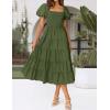 imageZESICA Womens 2025 Summer Square Neck Short Puff Sleeve Solid Color High Waist Casual Smocked Flowy A Line Tiered Midi DressArmy Green