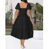 imageZESICA Womens 2025 Summer Square Neck Short Puff Sleeve Solid Color High Waist Casual Smocked Flowy A Line Tiered Midi DressBlack