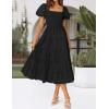 imageZESICA Womens 2025 Summer Square Neck Short Puff Sleeve Solid Color High Waist Casual Smocked Flowy A Line Tiered Midi DressBlack