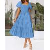 imageZESICA Womens 2025 Summer Square Neck Short Puff Sleeve Solid Color High Waist Casual Smocked Flowy A Line Tiered Midi DressBlue