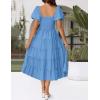 imageZESICA Womens 2025 Summer Square Neck Short Puff Sleeve Solid Color High Waist Casual Smocked Flowy A Line Tiered Midi DressBlue