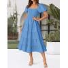 imageZESICA Womens 2025 Summer Square Neck Short Puff Sleeve Solid Color High Waist Casual Smocked Flowy A Line Tiered Midi DressBlue