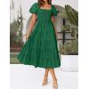 imageZESICA Womens 2025 Summer Square Neck Short Puff Sleeve Solid Color High Waist Casual Smocked Flowy A Line Tiered Midi DressForest Green