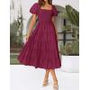 imageZESICA Womens 2025 Summer Square Neck Short Puff Sleeve Solid Color High Waist Casual Smocked Flowy A Line Tiered Midi DressFuchsia