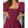imageZESICA Womens 2025 Summer Square Neck Short Puff Sleeve Solid Color High Waist Casual Smocked Flowy A Line Tiered Midi DressFuchsia