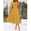 imageZESICA Womens 2025 Summer Square Neck Short Puff Sleeve Solid Color High Waist Casual Smocked Flowy A Line Tiered Midi DressGinger