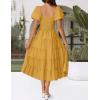 imageZESICA Womens 2025 Summer Square Neck Short Puff Sleeve Solid Color High Waist Casual Smocked Flowy A Line Tiered Midi DressGinger