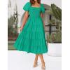 imageZESICA Womens 2025 Summer Square Neck Short Puff Sleeve Solid Color High Waist Casual Smocked Flowy A Line Tiered Midi DressGreen