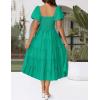 imageZESICA Womens 2025 Summer Square Neck Short Puff Sleeve Solid Color High Waist Casual Smocked Flowy A Line Tiered Midi DressGreen