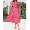 imageZESICA Womens 2025 Summer Square Neck Short Puff Sleeve Solid Color High Waist Casual Smocked Flowy A Line Tiered Midi DressHot Pink
