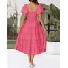 imageZESICA Womens 2025 Summer Square Neck Short Puff Sleeve Solid Color High Waist Casual Smocked Flowy A Line Tiered Midi DressHot Pink