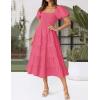 imageZESICA Womens 2025 Summer Square Neck Short Puff Sleeve Solid Color High Waist Casual Smocked Flowy A Line Tiered Midi DressHot Pink
