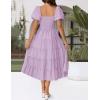 imageZESICA Womens 2025 Summer Square Neck Short Puff Sleeve Solid Color High Waist Casual Smocked Flowy A Line Tiered Midi DressLight Purple