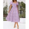 imageZESICA Womens 2025 Summer Square Neck Short Puff Sleeve Solid Color High Waist Casual Smocked Flowy A Line Tiered Midi DressLight Purple