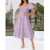 imageZESICA Womens 2025 Summer Square Neck Short Puff Sleeve Solid Color High Waist Casual Smocked Flowy A Line Tiered Midi DressLight Purple