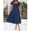 imageZESICA Womens 2025 Summer Square Neck Short Puff Sleeve Solid Color High Waist Casual Smocked Flowy A Line Tiered Midi DressNavy