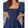 imageZESICA Womens 2025 Summer Square Neck Short Puff Sleeve Solid Color High Waist Casual Smocked Flowy A Line Tiered Midi DressNavy