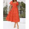 imageZESICA Womens 2025 Summer Square Neck Short Puff Sleeve Solid Color High Waist Casual Smocked Flowy A Line Tiered Midi DressOrange