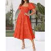 imageZESICA Womens 2025 Summer Square Neck Short Puff Sleeve Solid Color High Waist Casual Smocked Flowy A Line Tiered Midi DressOrange