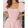 imageZESICA Womens 2025 Summer Square Neck Short Puff Sleeve Solid Color High Waist Casual Smocked Flowy A Line Tiered Midi DressPink
